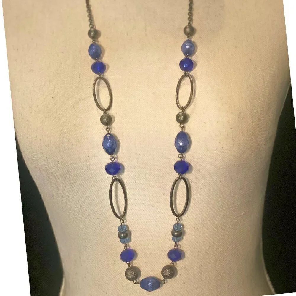 Long Beaded Sapphire Blue Gunmetal Nickel Necklace